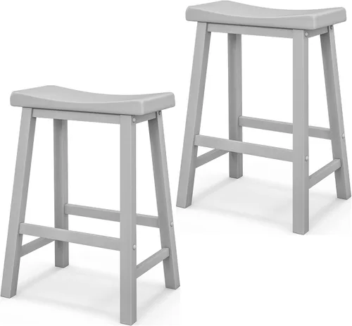 Miniatura 10 de COSTWAY Juego de 2 taburetes de silla de montar de 24 pulgadas de altura de mostrador con patas de madera maciza y reposapiés, taburetes modernos