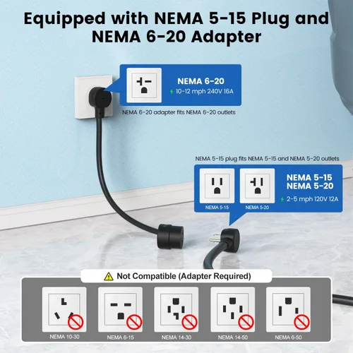 Miniatura 7 de Cargador EV de nivel 1/2, control de corriente ajustable Wi-Fi/App de 16 amperios, enchufe NEMA 5-15 certificado ETL/adaptador NEMA 6-20, retardo