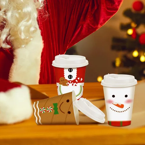 Miniatura 7 de Gerrii Juego de 100 vasos de papel de Navidad desechables de 12 onzas con tapas, tazas de chocolate caliente, tazas de café, tazas calientes