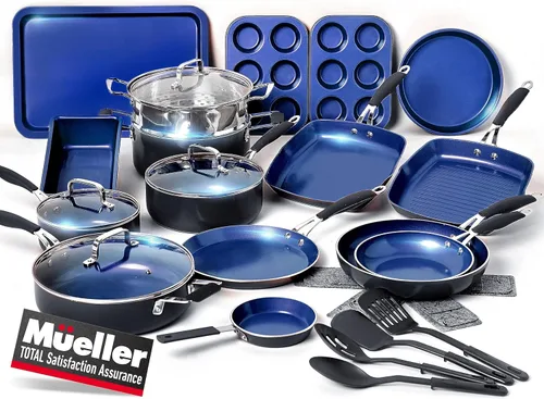 Miniatura 9 de Mueller Juego de utensilios de cocina de piedra antiadherente de 16 piezas con vaporera y tapas de vidrio, turquesa
