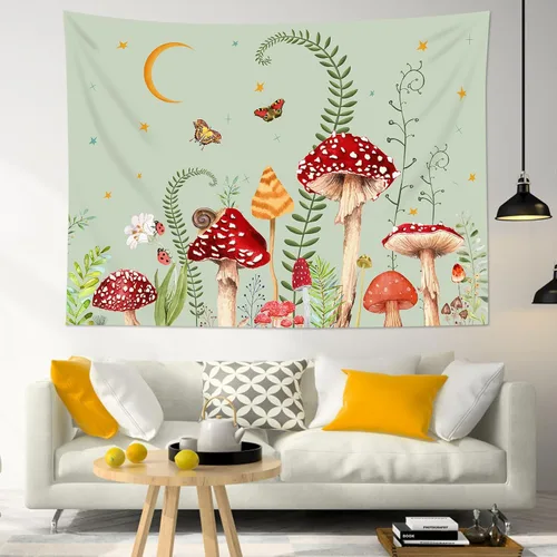 Miniatura 4 de LB Tapiz de hongos para colgar en la pared, luna y estrella en beige, tapiz de pared para dormitorio, estética de planta verde, arte de pared