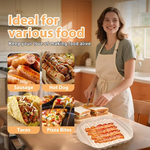 Miniatura 6 de Bandeja para microondas con tapa, cocinador de tocino para microondas, diseño eficiente de drenaje de aceite para tocino más saludable y crujiente