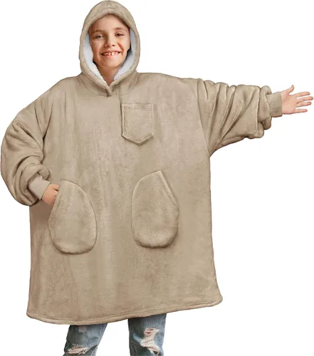 Miniatura 10 de PAVILIA Manta de vestir para niños y niñas, cálida y acogedora sudadera con capucha gigante con dos bolsillos, forro polar Sherpa con capucha