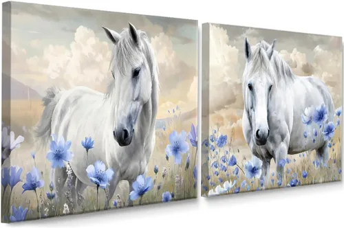 Lienzo enmarcado para decoración de caballo, arte de pared, caballo de acuarela con flores azules, decoración rústica de caballo de granja para sala