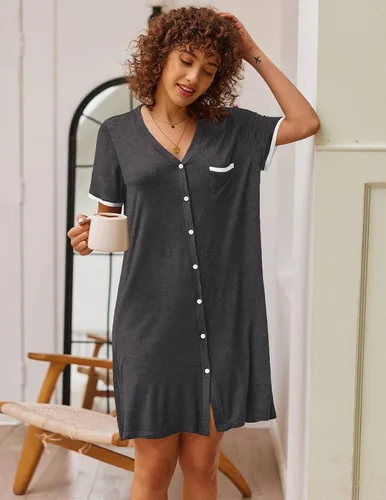 Miniatura 2 de Ekouaer Camisones para mujer, pijamas con botones, manga corta, cuello en V, ropa de dormir S-3XL