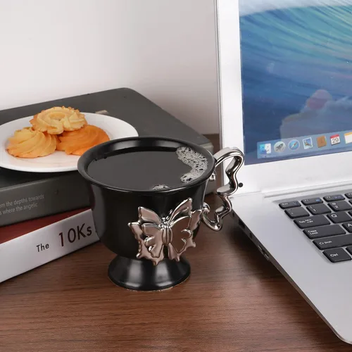 Miniatura 5 de Taza de café de cerámica, taza de café artística de 10 onzas con mariposa plateada 3D y mango en forma de mariposa, elegante taza de té vintage
