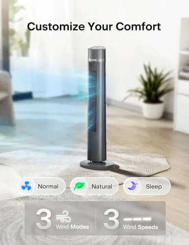 Miniatura 3 de PELONIS Ventilador de torre sin aspas de 40 pulgadas para dormitorio, ventilador de pie con control remoto, 26 pies/s, oscilación de 90°, 3 ajustes