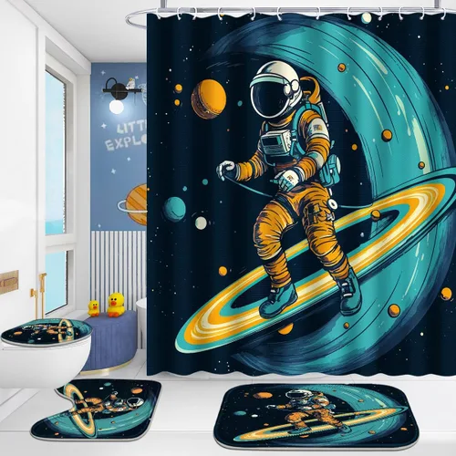 Poedist Juego de 4 cortinas de ducha de baño, juego de baño para niños, juegos de cortinas de ducha espaciales con alfombras (tapete de baño, forma