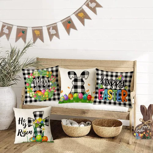 Miniatura 7 de Juego de 4 fundas de almohada de Pascua de 18 x 18 pulgadas, fundas de almohada decorativas de primavera, fundas de cojín para decoración de sofá al