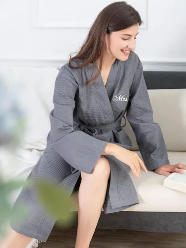 Miniatura 2 de AW BRIDAL 2Pcs Couple's Cotton Waffle Knit Robes Embroidered Lightweight Spa Robes Dressing Gown Bridal Robes for Men Women