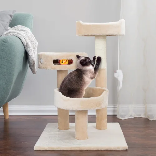 Miniatura 4 de Árbol para gatos - Condo de torre alta de 3 niveles con 2 posaderos para dormir, poste de rascador de cuerda de sisal, ratón colgante y juguete