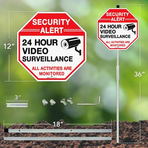 Miniatura 2 de Faittoo Letrero de Seguridad Letrero de Videovigilancia con Estaca de 36" para Exterior, Paquete de 2 de 12"x12" Aluminio Pesado Libre de Óxido