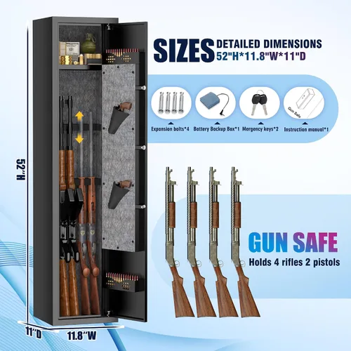 Miniatura 2 de Caja fuerte para rifles, pistolas y escopetas, cierre electrónico de acceso rápido, armario largo para armas con estante de almacenamiento