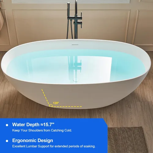 Miniatura 4 de Cpingao Bañera independiente de superficie sólida de 63", bañera de remojo moderna de forma ovalada, bañera independiente de resina de piedra