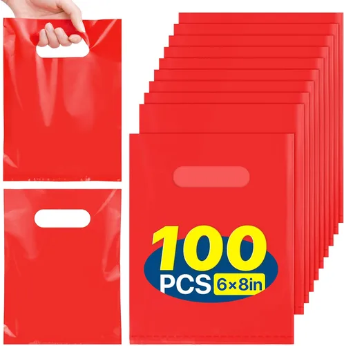 Miniatura 10 de ANZNKU 100 bolsas de regalo pequeñas multicolor con asa para dulces, muestras de bocadillos, manualidades, bolsa de regalo de plástico a granel