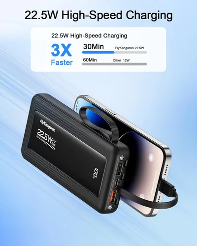 Miniatura 2 de Cargador portátil con cables integrados, batería de 10,000 mAh delgada, carga rápida de 22.5 W, banco de energía con pantalla LED USB C, 6 salidas