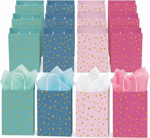 Miniatura 8 de Pajean Paquete de 32 bolsas de regalo de fiesta con temática de estrellas con asa, mini bolsas de regalo de papel kraft con pañuelos, suministros