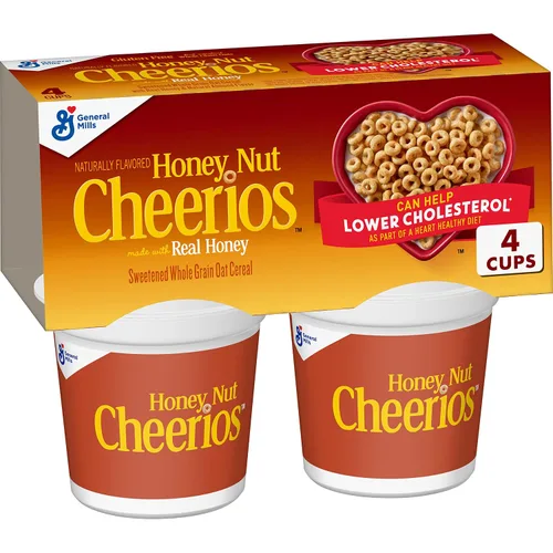 Copas de cereales para desayuno Honey Nut Cheerios, cereal sin gluten, porciones individuales, 4 paquetes de 7.2 onzas