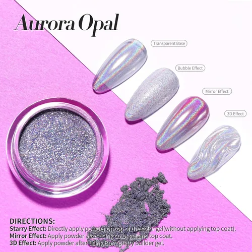 Miniatura 3 de Born Pretty Polvo de Uñas Holográfico Fino Efecto Arco Iris Iridescente Multi Cromo para Manicura en Polvo de Pigmento Holográfico para Salón, Arte