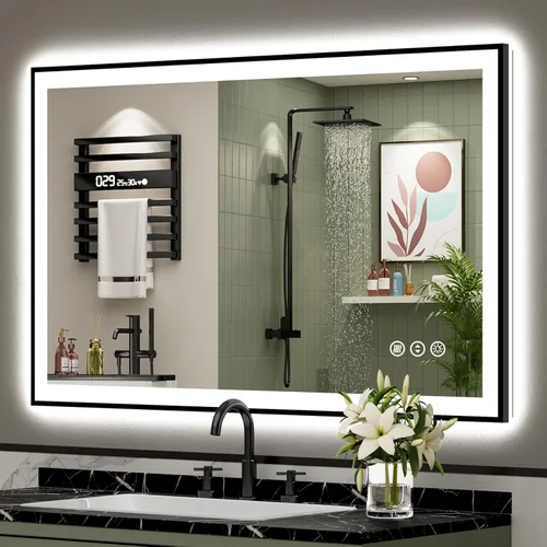 Miniatura 38 de 30x36 Espejo de baño LED con luces, retroiluminado y luz frontal, espejo de tocador iluminado antivaho para pared de baño, 3 colores, regulable