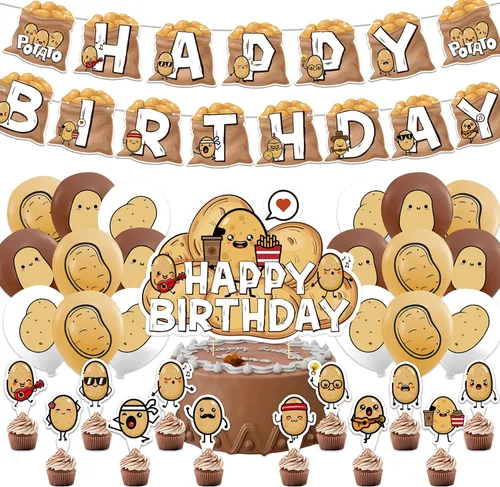 Suministros para fiestas de papas – Decoraciones de cumpleaños de dibujos animados que incluyen pancarta feliz, decoración de pastel, decoración de