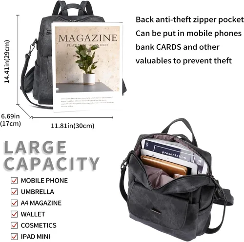 Miniatura 4 de Mochila para mujer, mochila de piel sintética, mochila antirrobo, mochila antirrobo de viaje, multiusos, ligera, impermeable, convertible, bolsa