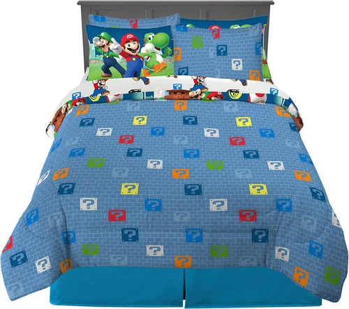 Miniatura 2 de Franco - Juego de ropa de cama para niños supersuave, edredón y juego de sábanas con funda de almohada, 7 piezas, tamaño matrimonial, Mario