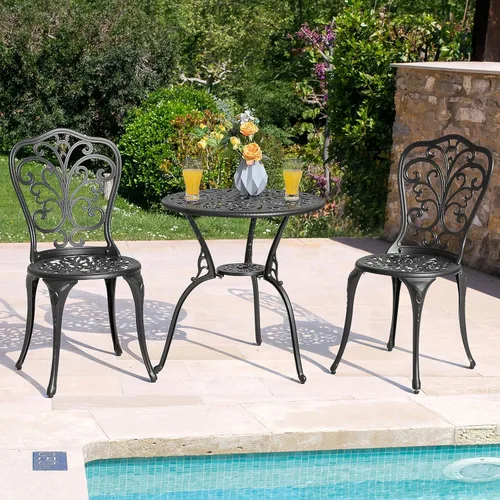 Miniatura 3 de NUU GARDEN Bistro - Juego de 3 piezas para exteriores de aluminio fundido para todo tipo de clima, juego de mesa y sillas de patio con agujero