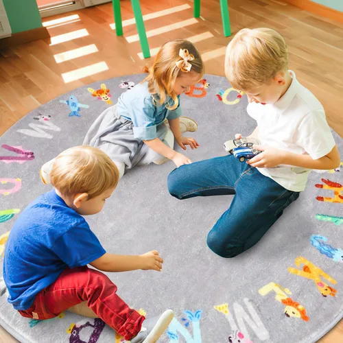 Miniatura 5 de Alfombra redonda ABC para niños, 4 pies con letras del alfabeto de animales, lavable, antideslizante, bonita alfombra para habitación de niños