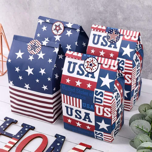 Miniatura 5 de Whaline Paquete de 36 bolsas patrióticas con etiquetas adhesivas, 250 aniversario, bandera estadounidense, bolsa de regalo de papel kraft rojo
