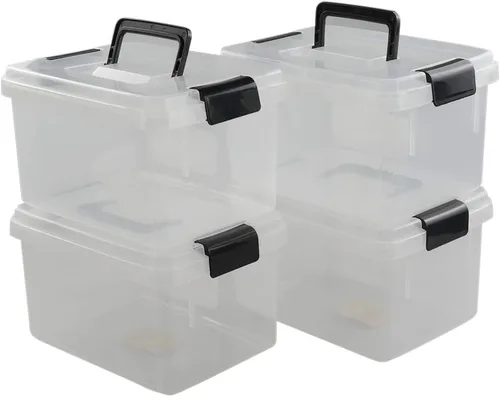 Miniatura 9 de Caja de almacenamiento de plástico de 10 L, caja de pestillo transparente con asa, juego de 4 Pestillos de bloqueo apretado, para armario, garaje