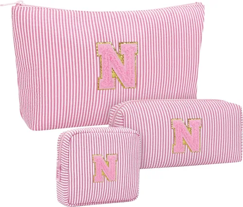 Miniatura 46 de Juego de bolsas de maquillaje con iniciales para niñas y mujeres, bolsa de cosméticos con monograma con soporte para cepillos, estuche de maquillaje