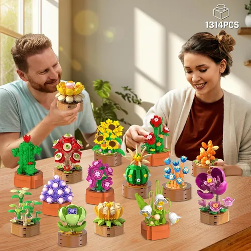 Miniatura 2 de CUBIMANA Paquete de 15 mini construcción de flores y plantas, colección botánica de flores, juguete de bloque de 0.142 in para decoración de oficina