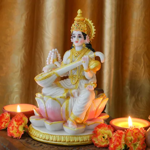 Miniatura 5 de alikiki Estatua de Saraswati de la diosa hindú grande, 8.7 pulgadas de alto, aspecto de mármol, ídolo indio Saraswati, escultura india Diwali Murti