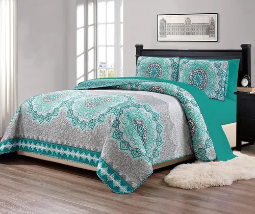 Miniatura 3 de Fancy Collection - Colcha acolchada de 7 piezas con juego de sábanas a juego, diseño elegante, amarillo, costero, liso/gris, verde, blanco