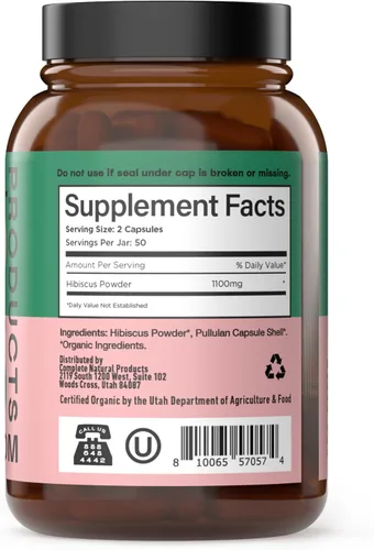 Miniatura 3 de Complete Natural Products Cápsulas de hibisco orgánico, 550 mg, 100 unidades, a base de plantas, polvo de flores orgánicas para apoyo antioxidante