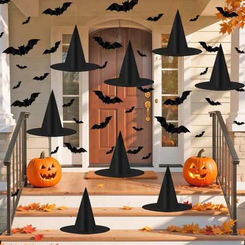 Tepoobea Decoraciones de Halloween, sombreros de bruja negra, paquete de 8 sombreros de bruja colgantes y 32 piezas de murciélagos 3D, decoraciones