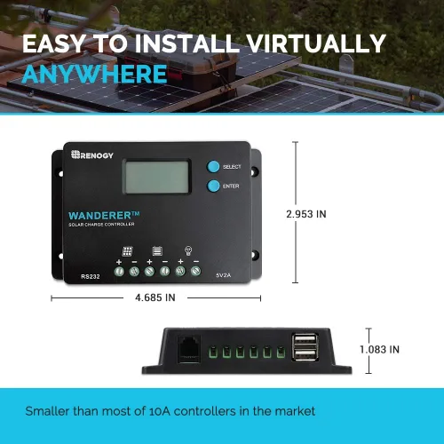 Miniatura 2 de Renogy controlador de carga solar de 10 amperes, 12 V/24 V PWM, conexión de polo negativo a tierra, diseño compacto con pantalla LCD