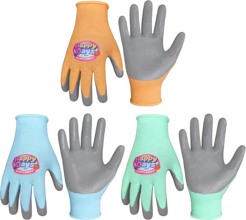 Miniatura 24 de HANDLANDY 3 pares de guantes de jardinería para niños sin látex, guantes de jardín para niños y niñas con revestimiento de nitrilo para niñas y Verde