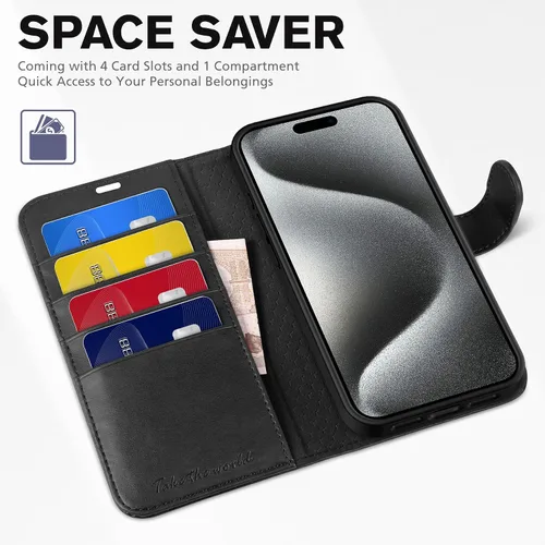 Miniatura 7 de Funda tipo billetera TUCCH para iPhone 15 Pro Max, con bloqueo RFID, con soporte para 4 tarjetas, a prueba de golpes, con interior de TPU, con funda