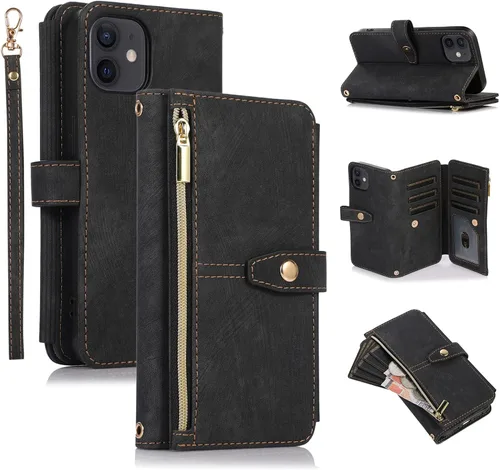 Miniatura 34 de UEEBAI Funda tipo cartera para iPhone 12 Mini de 5.4 pulgadas, retro 9 ranuras para tarjetero, bolsillo con cremallera, cierre magnético, función