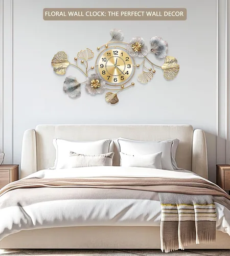 Miniatura 3 de Relojes para sala de estar, reloj de pared grande, reloj de pared silencioso 3D, diseño retro de hoja de ginkgo de metal, para dormitorio, cocina