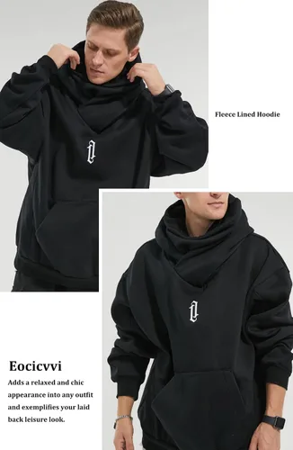 Miniatura 2 de Sudaderas con capucha de forro polar para hombre, sudaderas con cuello vuelto, sudaderas casuales para otoño e invierno, ajuste holgado con bordado