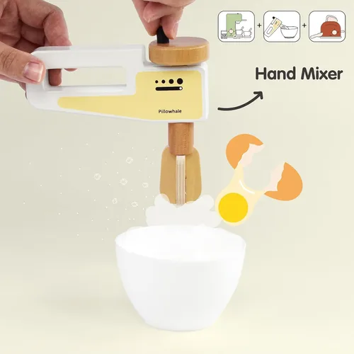 Miniatura 5 de Pillowhale Paquete de juego de café de madera 3 en 1 – Juego de simulación de cafetera, batidora manual y tostador emergente con accesorios