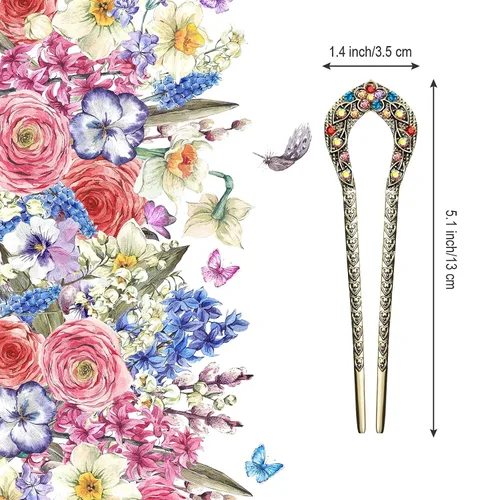 Miniatura 3 de Waydress 5 horquillas de pelo vintage para moños, pinzas de metal para moños, palillos de cristal con diamantes de imitación de doble punta, pasador