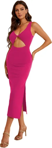 Capuffy Vestido ajustado de punto acanalado sin mangas para mujer, con abertura lateral, entrecruzado en el pecho, corte en el pecho, vestido de