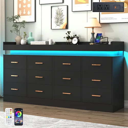 Miniatura 15 de Hlivelood Cómoda de 8 cajones con luz LED y estación de carga, cómoda moderna para armario, armario organizador de cajones anchos para dormitorio