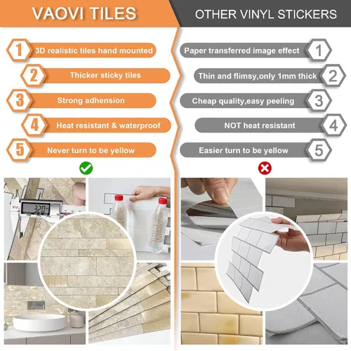 Miniatura 7 de VAOVI Azulejos autoadhesivos para salpicaduras de cocina, azulejos estilo metro lineal de mosaico de piedra para baño, pared de ducha impermeable