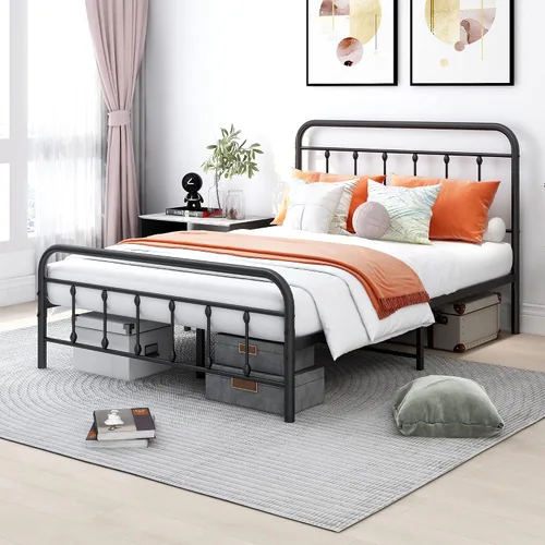 Miniatura 10 de DUMEE Base de cama de metal tamaño matrimonial con cabecera y estribo vintage, almacenamiento debajo de la cama, no necesita somier