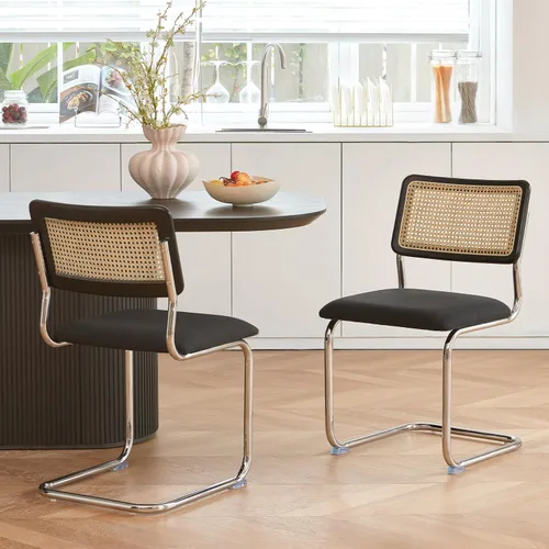 Miniatura 4 de GrandNoor Juego de 2 sillas de comedor de ratán negro con cromo, sillas de cocina de madera modernas de mediados de siglo, sillas de comedor